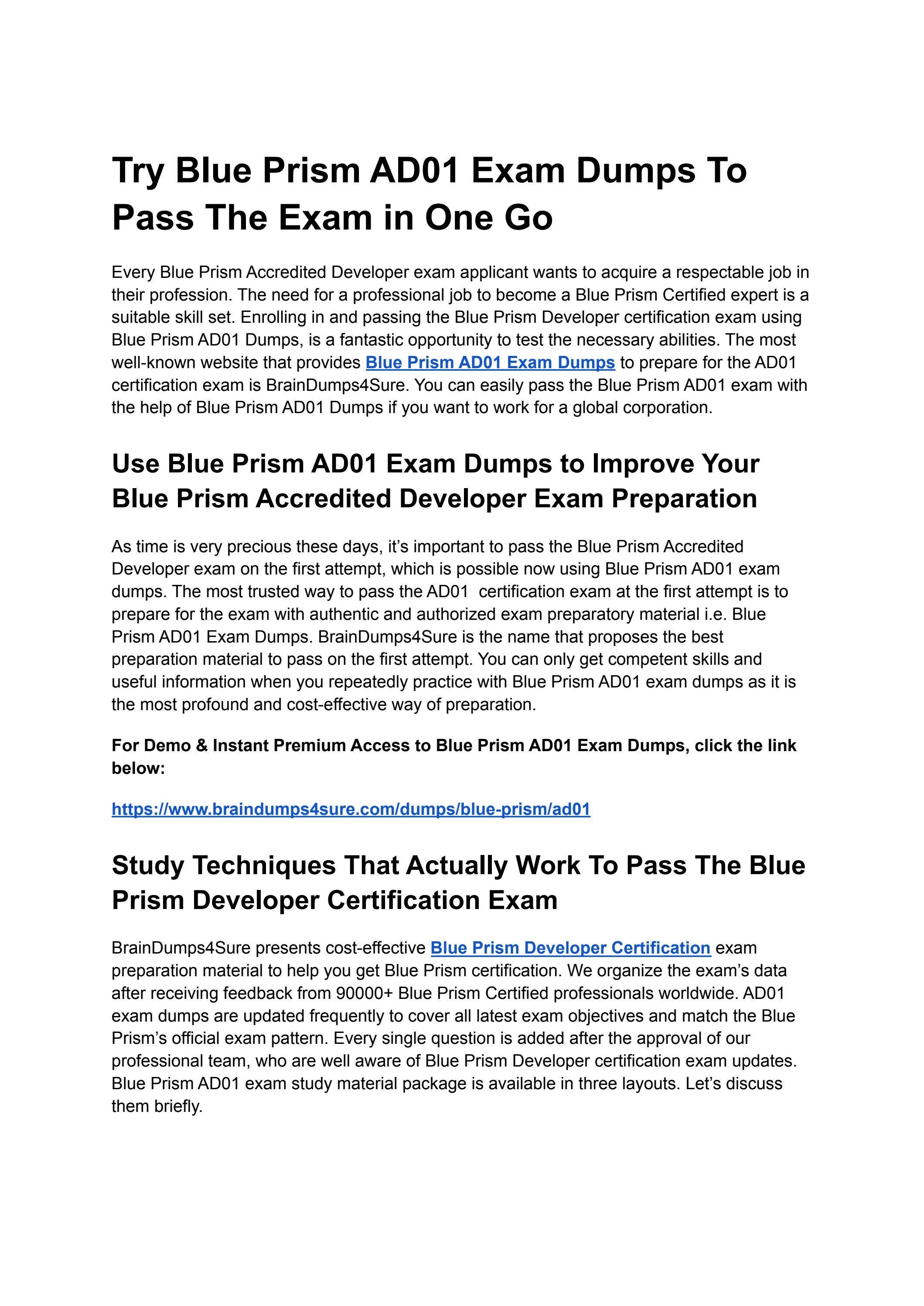 Exam Dumps AD01 Collection - Blue Prism AD01 Book Pdf